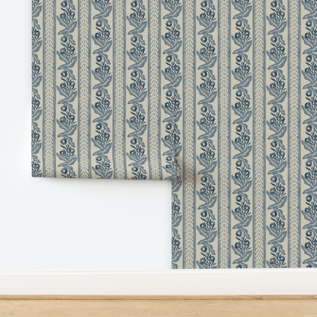 Victorian Abstract Cottage Grandmillennial Floral Stripes Leaves Botanical Heritage Vintage Blue Home Decor Arches Antique Traditional Custom Removable Wallpaper by Spoonflower Peel & Stick Wallpaper 2FT Wide